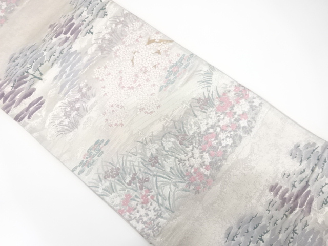 JAPANESE KIMONO / ANTIQUE FUKURO OBI / SILK / WOVEN YATSUHASHI & FLOWERS